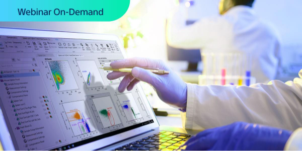 Webinar On-Demand. Photo of laptop screen with cell sorting data with researchers hand apencil pointing at a section of the laptop screen.