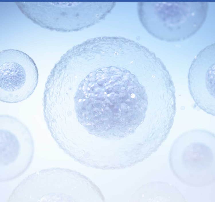 Close-up view of blue cellular structures floating in a bright blue background