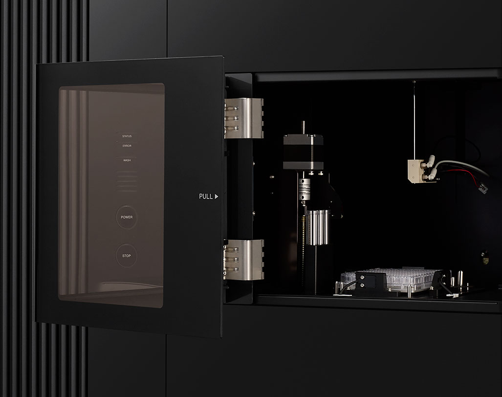 Closeup photo of ID7000 cell analyzer with open AutoSampler cabinet