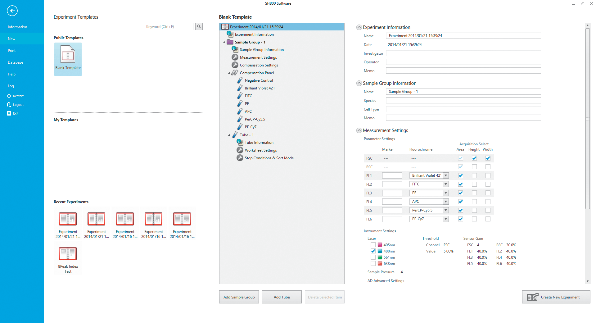 window displays the experiment structure